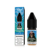A 10ml bottle of R&M Nic Salt E Liquid in Blue Sour Raspberry flavor, with a nicotine strength of 20mg/ml. The product is displayed next to its packaging, which has a blue and white color scheme with a graphic of a raspberry and a monkey.